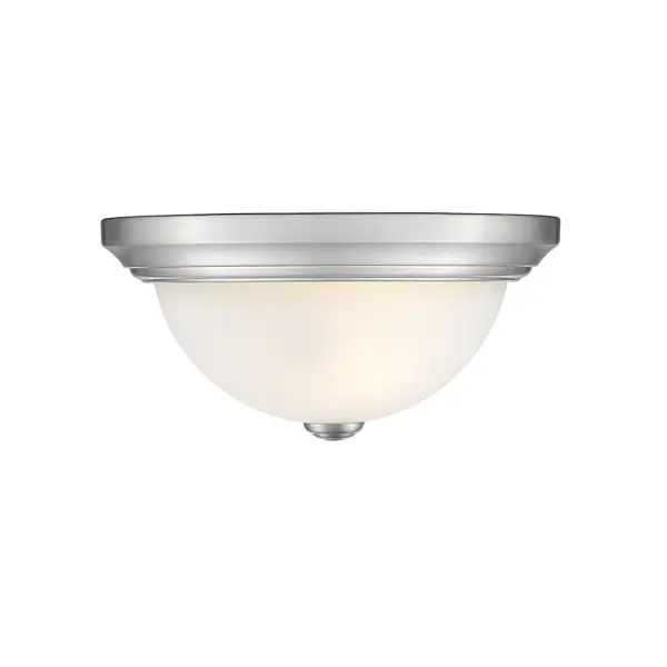 A practical flush mount ceiling fixture in brushed nickel finish that provides ambient lighting for rooms with standard or low ceilings. Clean contemporary styling works across multiple design aesthetics.