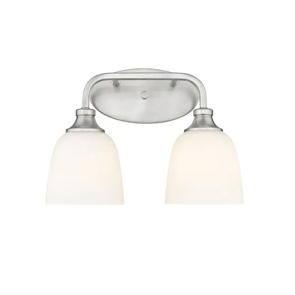 A versatile bath vanity light featuring a timeless brushed nickel finish that complements both traditional and contemporary bathroom designs. Ideal for providing functional task lighting at the mirror.