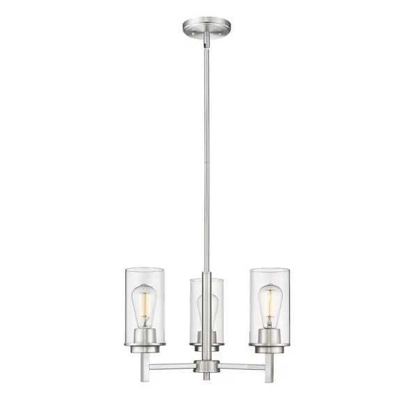 This brushed nickel chandelier offers timeless appeal with its neutral metallic finish that complements both contemporary and traditional interiors. The classic chandelier silhouette provides elegant ambient lighting.