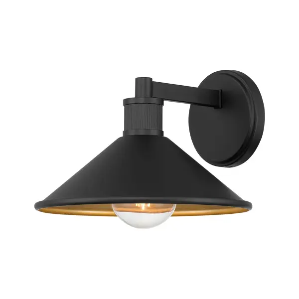 The Vectra wall sconce combines sleek modern lines with a striking two-tone finish—powder coated black exterior with gold interior. Its artfully flared cone shade creates warm, inviting illumination perfect for contemporary and transitional exteriors.