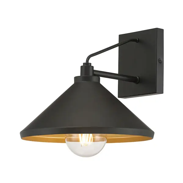 The Vectra wall sconce combines sleek modern lines with a striking two-tone finish—powder coated black exterior with gold interior. Its artfully flared cone shade creates warm, inviting illumination perfect for contemporary and transitional exteriors.