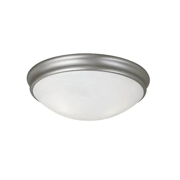 A practical flush mount ceiling fixture in brushed nickel finish that provides clean, contemporary lighting for rooms with standard or low ceilings. Ideal for bedrooms, hallways, and bathrooms.