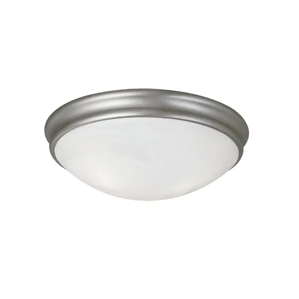 A practical flush mount ceiling fixture in brushed nickel finish that provides clean, unobtrusive lighting for rooms with standard or low ceilings. Its transitional design works across multiple décor styles.