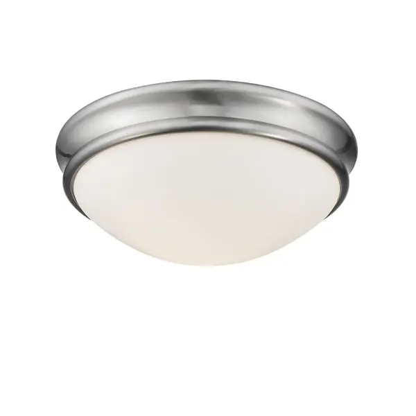A practical flush mount ceiling fixture in brushed nickel finish that provides clean, contemporary lighting for rooms with standard ceiling heights. Ideal for bedrooms, hallways, and bathrooms.