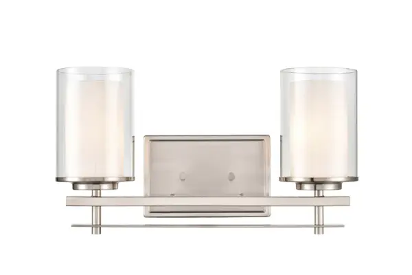The 5502 vanity light combines transitional styling with a brushed nickel finish, making it an ideal choice for bathroom lighting. Its neutral metallic tone complements various design schemes while providing functional illumination.