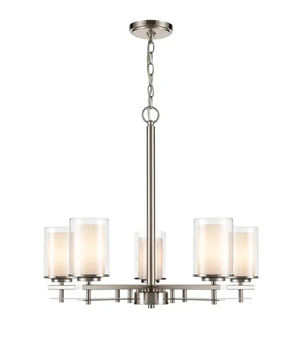 The 5515 chandelier in brushed nickel offers a clean, sophisticated look that bridges traditional and contemporary design. Its neutral metallic finish complements various decor styles and color schemes.