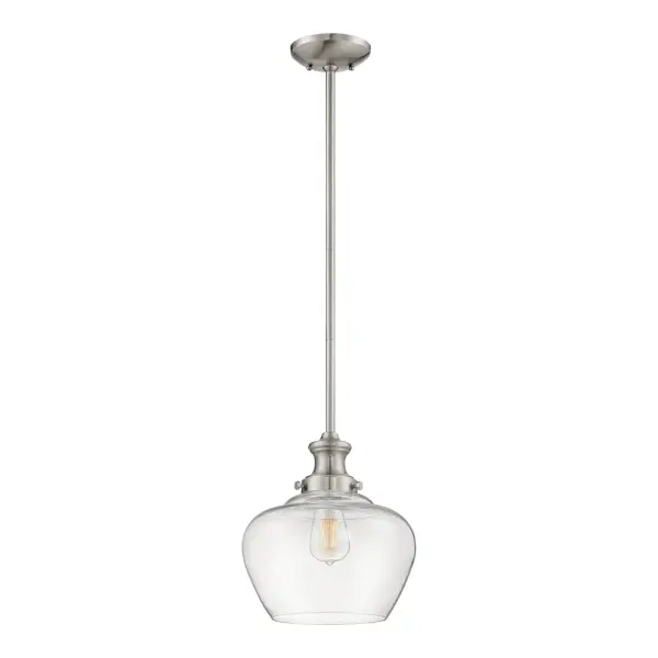 A contemporary pendant light in brushed nickel finish offering flexible installation with three included stem lengths. Damp-rated for versatile placement throughout the home, from kitchen islands to dining areas.