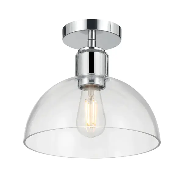 The Knightsdale semi-flush mount combines graceful bell-shaped clear glass with minimalist chrome hardware for a refined, understated look. Perfect for bathrooms and dressing areas where crisp, clear lighting is essential.