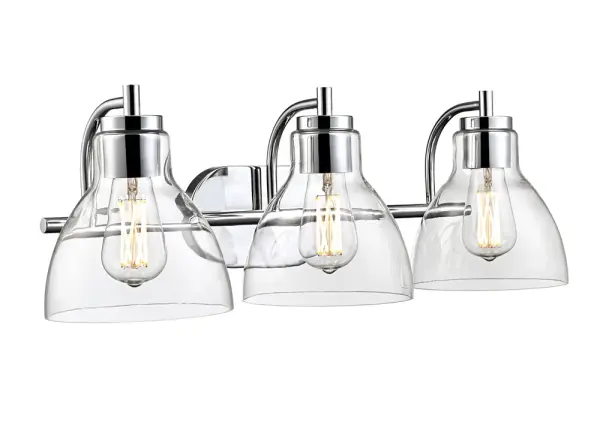 The Knightsdale vanity light combines refined simplicity with elegant bell-shaped clear glass shades. Its minimalistic chrome hardware creates a sleek, understated profile perfect for modern and transitional bathrooms.