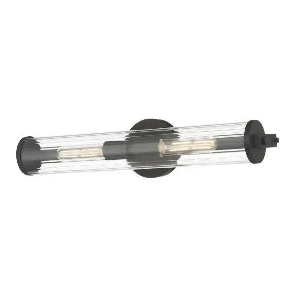 The Cylora vanity light combines stunning post-modern design with practical functionality. Clear striated glass shades and matte black hardware create an elegant statement piece perfect for contemporary bathrooms.