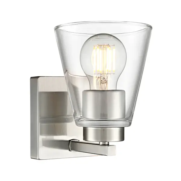 The Strayhan wall sconce combines flared crystal-clear glass shades with a streamlined brushed nickel fixture, creating a sophisticated transitional aesthetic. Perfect for bathrooms, hallways, and entryways.