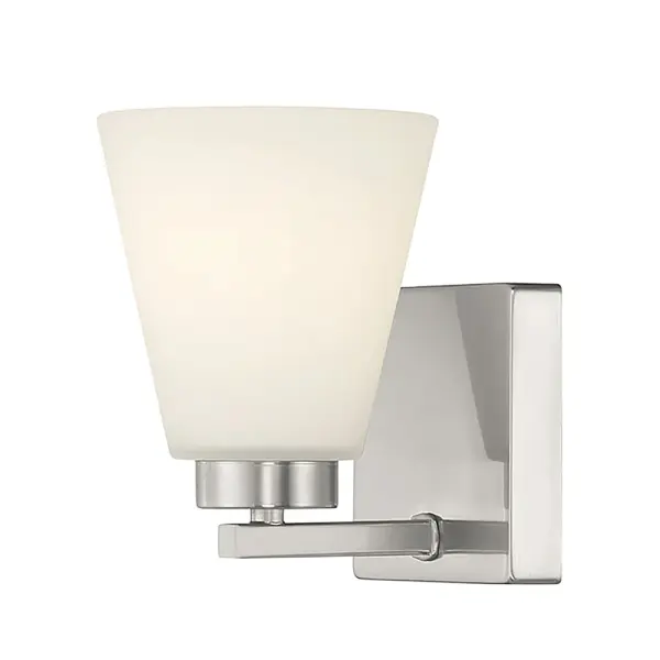 The Strayhan wall sconce combines streamlined design with flared crystal-clear glass shades, creating a cosmopolitan aesthetic. Its brushed nickel finish and understated profile make it versatile for any interior space.