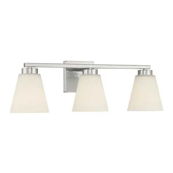 The Strayhan 3-light vanity bar combines streamlined design with flared crystal-clear glass shades in brushed nickel finish. Perfect for modern bathrooms seeking understated cosmopolitan style with versatile appeal.