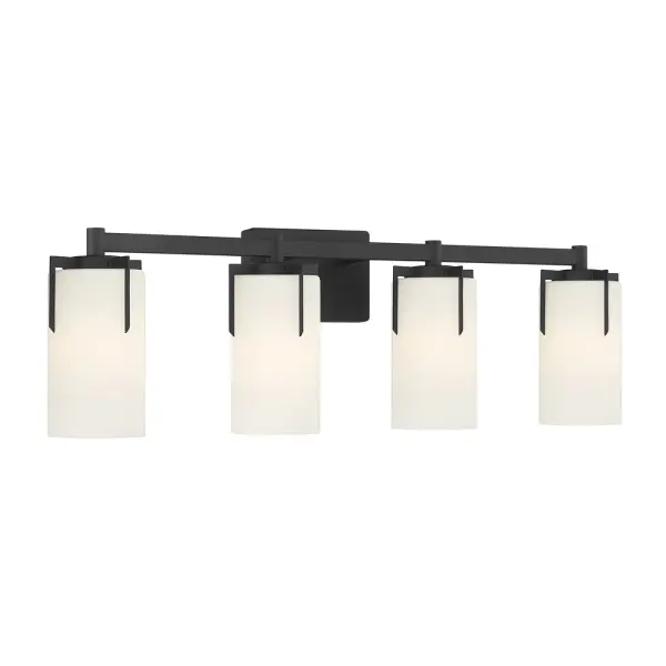 The Froselle 4-light vanity fixture combines modern design with practical task lighting. Jewelry-style prongs hold frosted glass cylinders that create warm, even illumination perfect for grooming tasks.