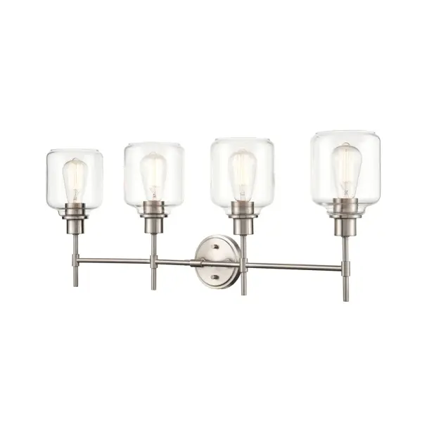 A versatile bath vanity light featuring a timeless brushed nickel finish that complements both traditional and contemporary bathroom designs. Ideal for providing functional task lighting at the mirror.