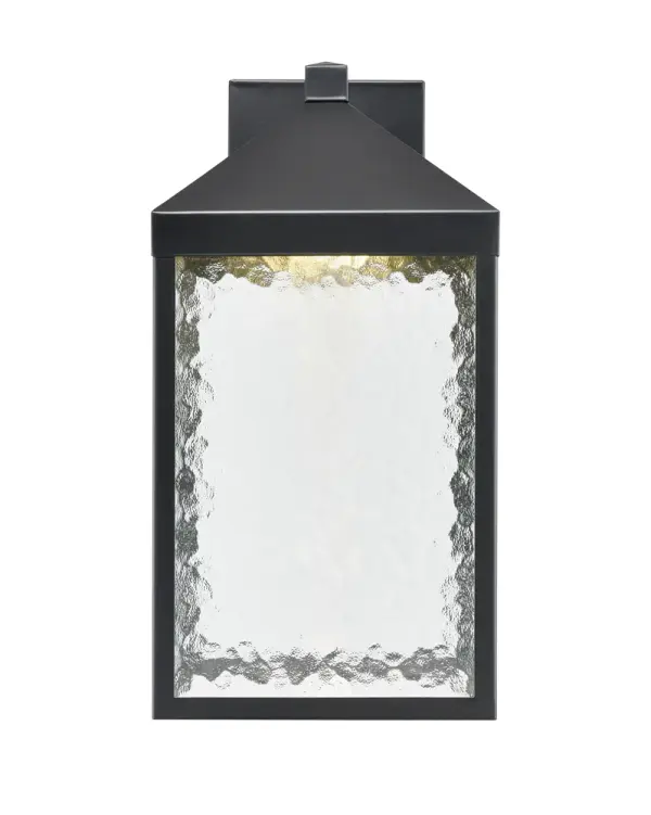 Energy-efficient LED wall sconce with durable powder coated black finish, perfect for illuminating outdoor entryways, patios, and commercial facades with contemporary style.