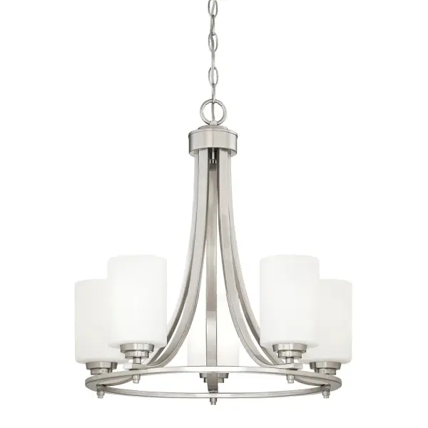 The 7255 chandelier in brushed nickel offers a refined metallic finish that complements both contemporary and traditional interiors. Its neutral tone makes it adaptable to various room settings.