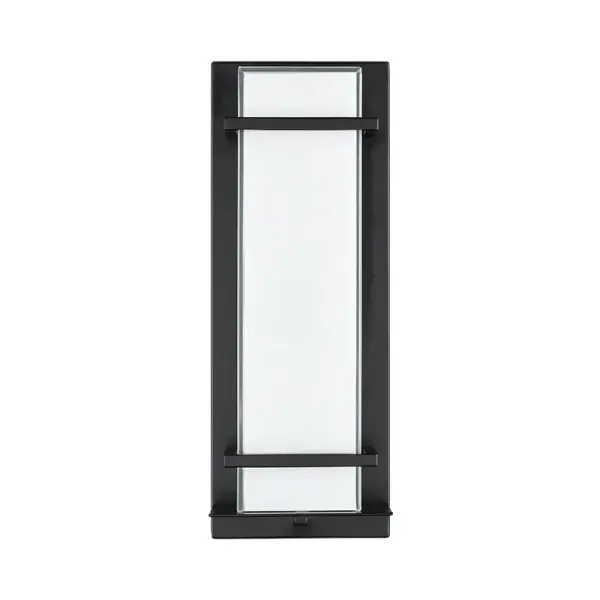 This contemporary outdoor wall sconce features integrated LED technology with 90 CRI for exceptional color accuracy. The durable powder coated black finish withstands outdoor elements while providing modern aesthetic appeal.