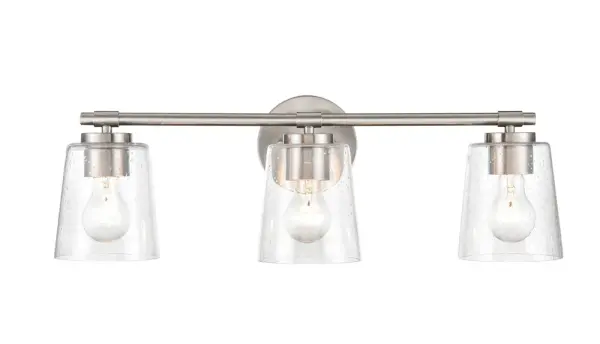 The 8113 vanity light combines transitional styling with a brushed nickel finish, making it an ideal choice for bathroom lighting. Its neutral metallic tone complements various design schemes.