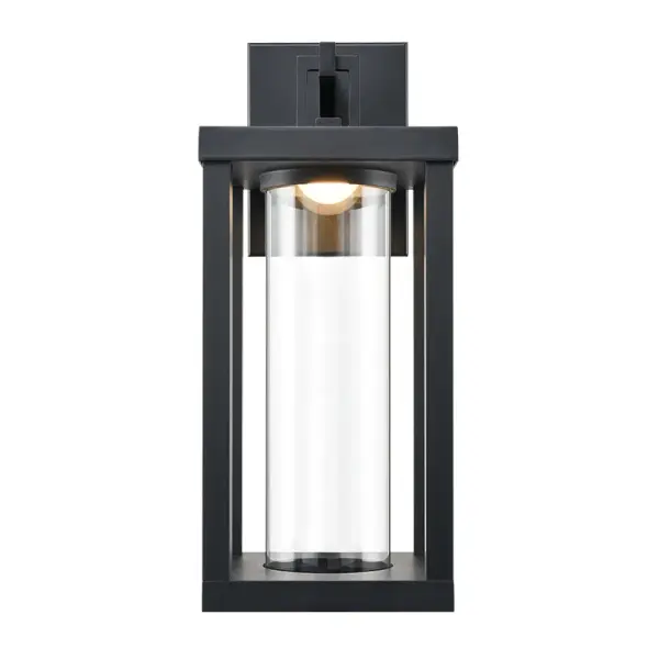 Energy-efficient outdoor wall sconce featuring integrated LED technology with 450 lumens output and warm 3000K color temperature. Powder coated black finish provides durability and contemporary style for exterior spaces.