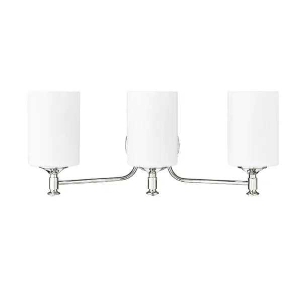 The 91033 vanity light in polished nickel offers a versatile transitional design that complements both traditional and contemporary bathrooms with its refined metallic finish and clean aesthetic.
