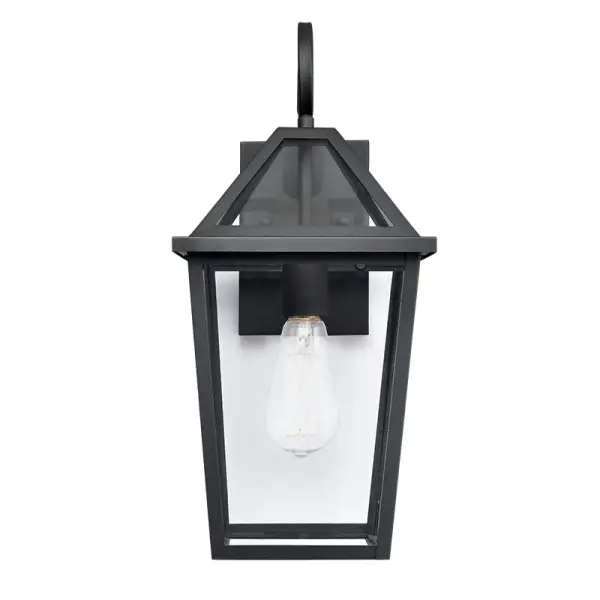 This outdoor light fixture features a contemporary textured black finish designed to withstand the elements while providing stylish illumination for exterior spaces.