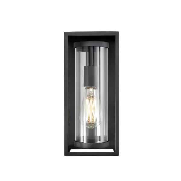 This outdoor light fixture features a contemporary textured black finish designed for exterior applications. Suitable for residential and commercial settings requiring weather-resistant illumination.