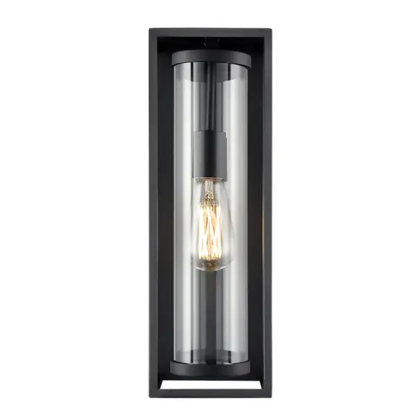 This outdoor light fixture features a contemporary textured black finish designed for exterior applications. Suitable for residential and commercial settings requiring weather-resistant illumination.