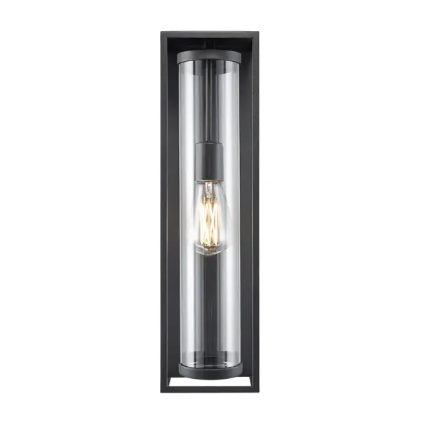 This outdoor light fixture features a textured black finish designed for exterior applications. The durable construction makes it suitable for residential and commercial outdoor spaces.