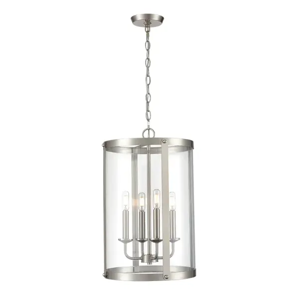 A contemporary pendant light featuring a brushed nickel finish that complements both residential and commercial interiors. Its neutral metallic tone pairs well with various design schemes.