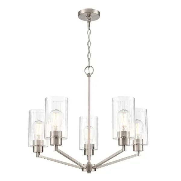 The 9515 chandelier in brushed nickel offers timeless appeal with its neutral metallic finish. Suitable for various interior styles, this fixture provides elegant overhead lighting for dining and living areas.