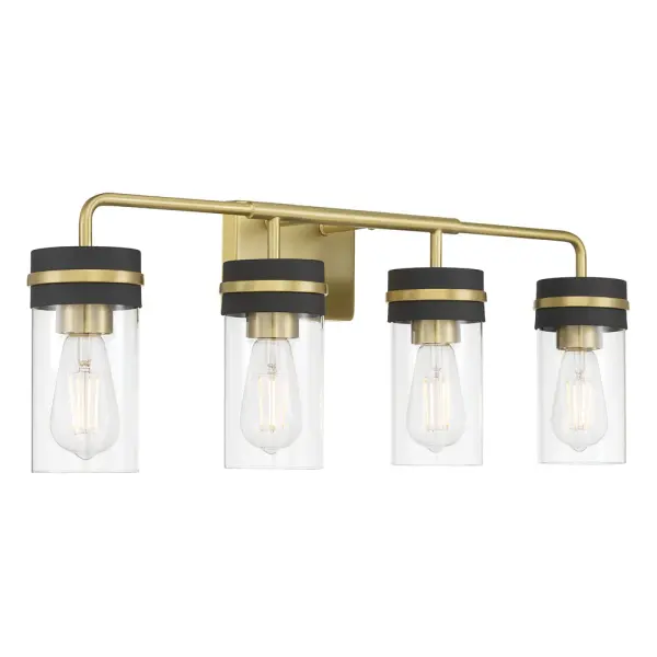 The Marbridge vanity light combines post-industrial styling with a stunning vintage brass and matte black finish. Clear glass cylinder shades showcase vintage bulbs beautifully, creating sophisticated appeal for any bathroom.
