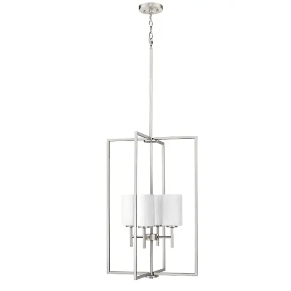 A contemporary pendant light featuring a brushed nickel finish that complements both residential and commercial interiors. Its neutral metallic tone pairs well with various design schemes.