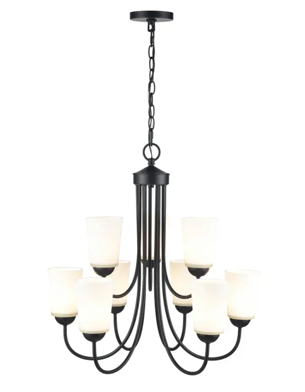 The 9809 chandelier in matte black offers contemporary styling that works across residential and commercial settings. Its neutral finish pairs well with various design aesthetics from modern to industrial.