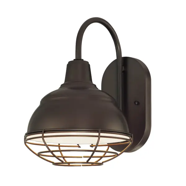 Durable outdoor wall sconce featuring a removable wire guard cage in clean white finish. Industrial-inspired design offers both protection and style for exterior spaces with versatile mounting options.
