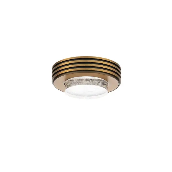 The Zircle delivers sophisticated ambient lighting in a compact 8-inch profile. Its Optic Haze Quartz shade creates intriguing light patterns while the aged brass banding adds warmth. Ideal for spaces with lower ceilings or where a subtle statement is preferred.