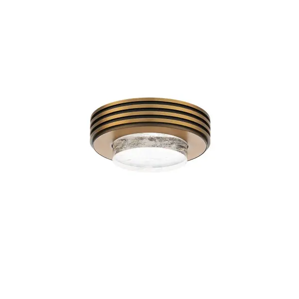 Enthralled. A banded circle clasps a hazy Optic Haze®® Quartz shade and Radiance® Crystal Dust diffuser lit by hidden LEDs. Variegations in the organic shade delivers intriguing patterns of illumination to awed onlookers.