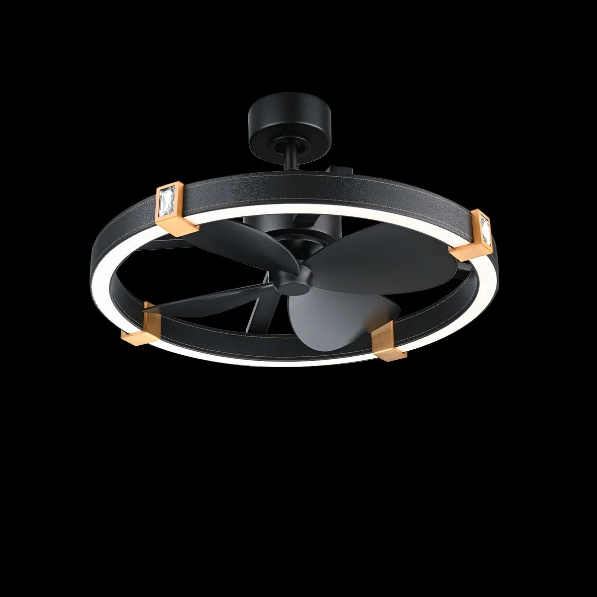 Atomic Smart Fan 28IN LED 3000K/3500K/4000K 120V Fandelier in Black Leather - Aged Brass with Optic Crystal