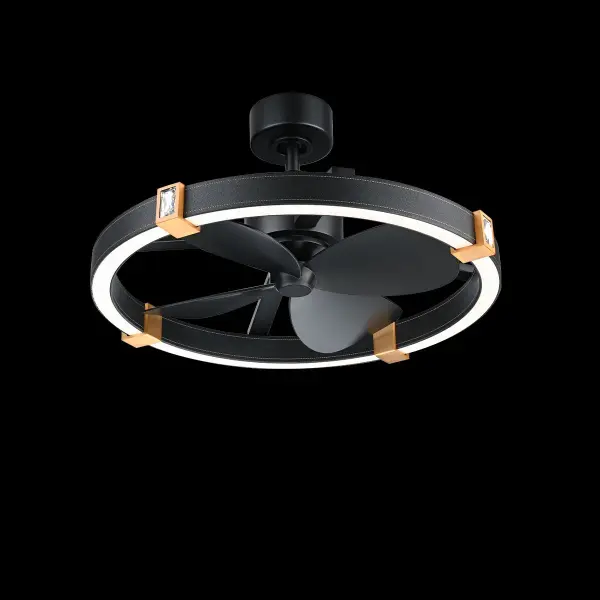 The stitched black leather bands illuminate uniformly from within. In the nucleus of this dynamic piece, a trio of fan blades creates gentle breezes. A true head-turning, attention getter.