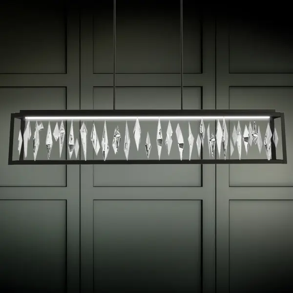 A stunning 54-inch linear pendant featuring suspended diamond-shaped Optic Crystals in a matte black frame. The integrated LED system offers three color temperatures and delivers both upward and downward illumination for maximum sparkle.