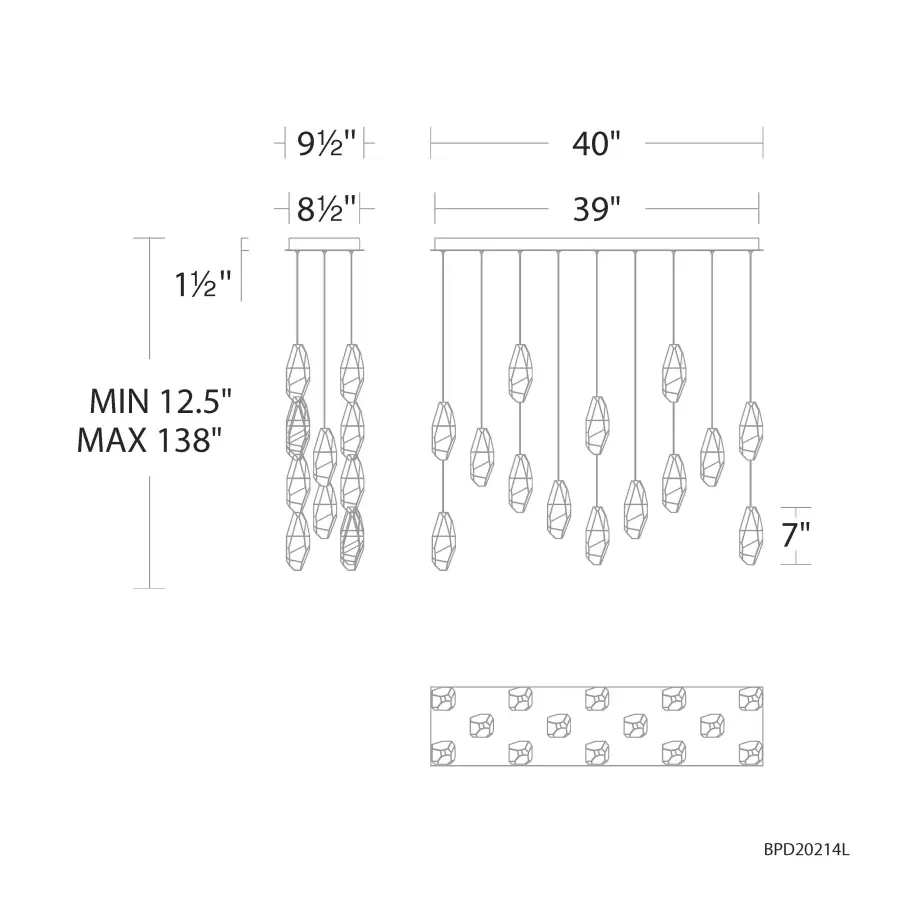 Martini 14 Light 120-277V Multi-Light Pendant (Linear Canopy) in Aged Brass with Clear Optic Crystal