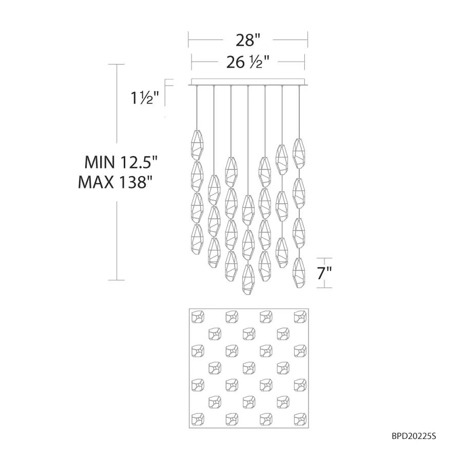 Martini 25 Light 120-277V Multi-Light Pendant (Square Canopy) in Aged Brass with Clear Optic Crystal
