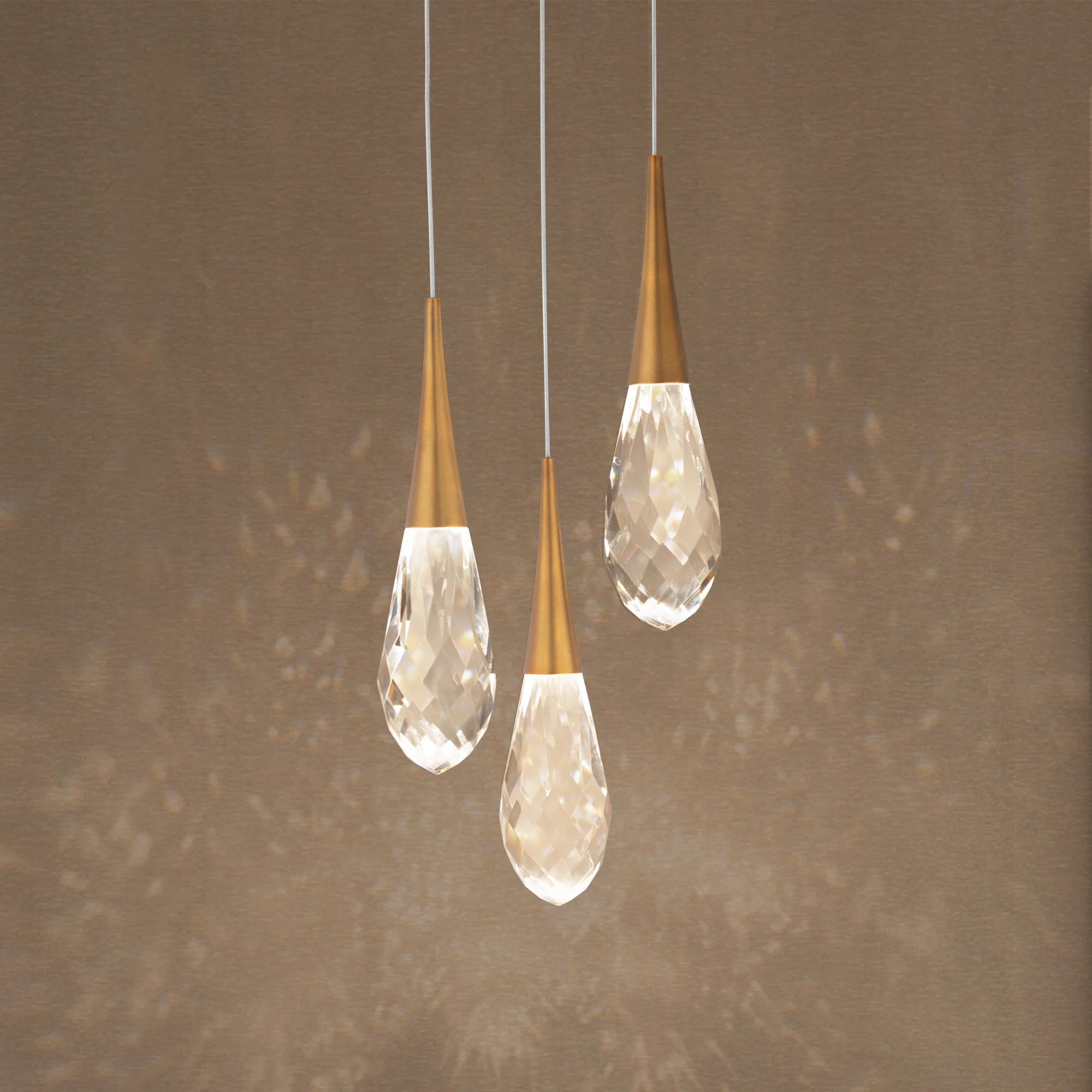 Hibiscus 3-Light LED Multi-Light Pendant in Aged Brass with Clear Optic Crystal