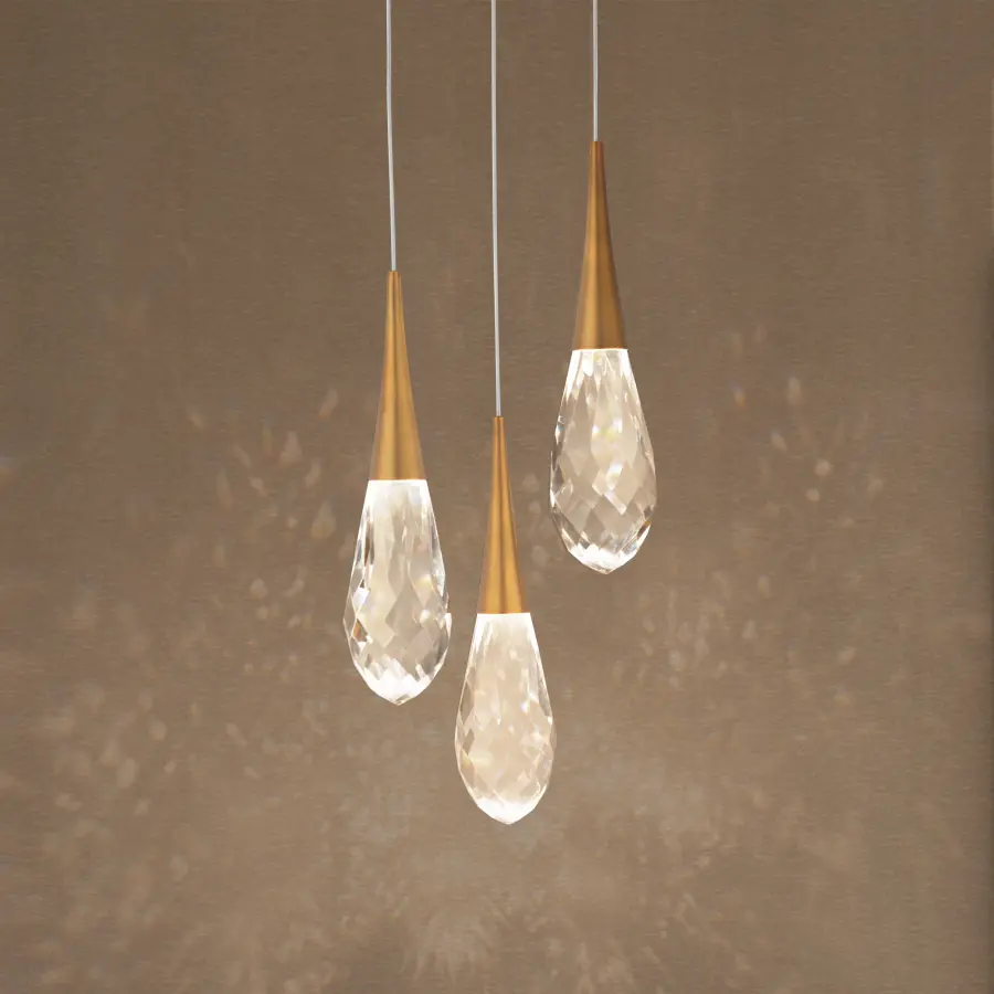 Hibiscus 3-Light LED Multi-Light Pendant in Aged Brass with Clear Optic Crystal