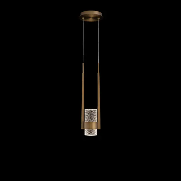 The Cadenza pendant transforms spaces with its faceted Radiance Crystal cylinder that creates brilliant light patterns. The aged brass circular band and tapered linear arms provide sophisticated architectural balance, making it a stunning focal point.