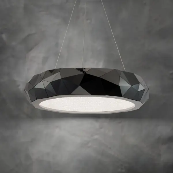 A show-stopping 30-inch linear pendant featuring over 60,000 pieces of hand-applied Radiance Crystal Dust. The black polished stainless steel frame creates dramatic contrast against the sparkling crystal diffuser, delivering both glamour and modern edge.