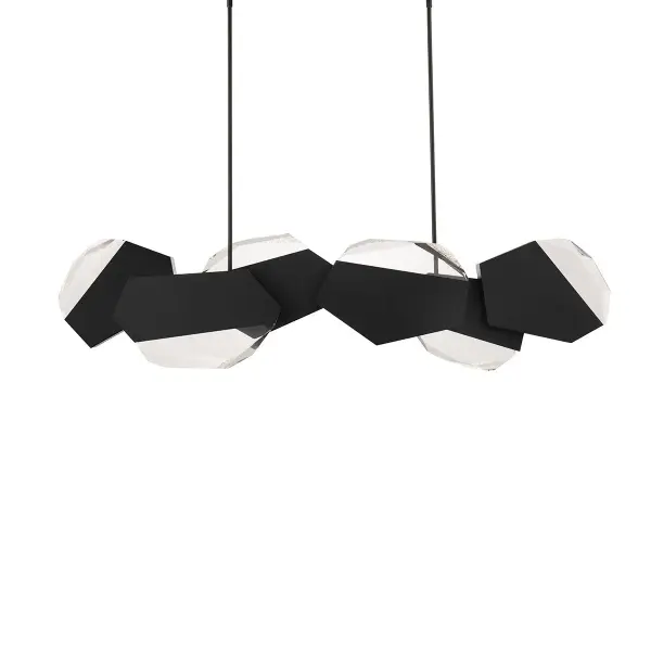 A stunning statement piece that combines optic crystal with radiance crystal dust and bold black metallic planes. The interplay of light, shadow, and sparkling facets creates a dramatic focal point perfect for contemporary and transitional spaces.