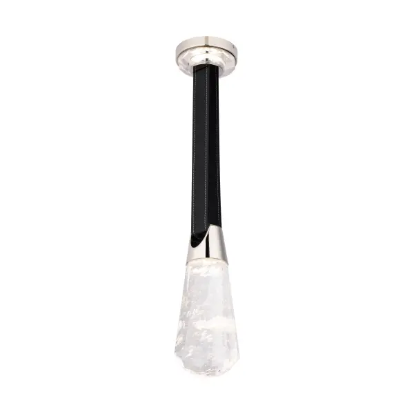 The Strapped mini pendant combines high-end materials—Optic Haze Quartz crystal, polished nickel, and leather strapping—into a compact yet striking fixture. Its crystal-encrusted canopy and multi-directional light reflection create dramatic sparkle in intimate spaces.