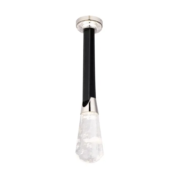 Mixed materials devise a textured aesthetic. A single brilliant Optic Haze® Quartz pendant suspended from leather strapping and chrome reflects light in all directions. The sparkle is enhanced by a crystal-encrusted canopy.