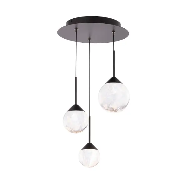 The Quest pendant features three Optic Haze Quartz crystal spheres that create stunning light diffusion with integrated LED technology. The aged brass finish adds warmth while the adjustable color temperature (3000K-4000K) offers versatility for any setting.